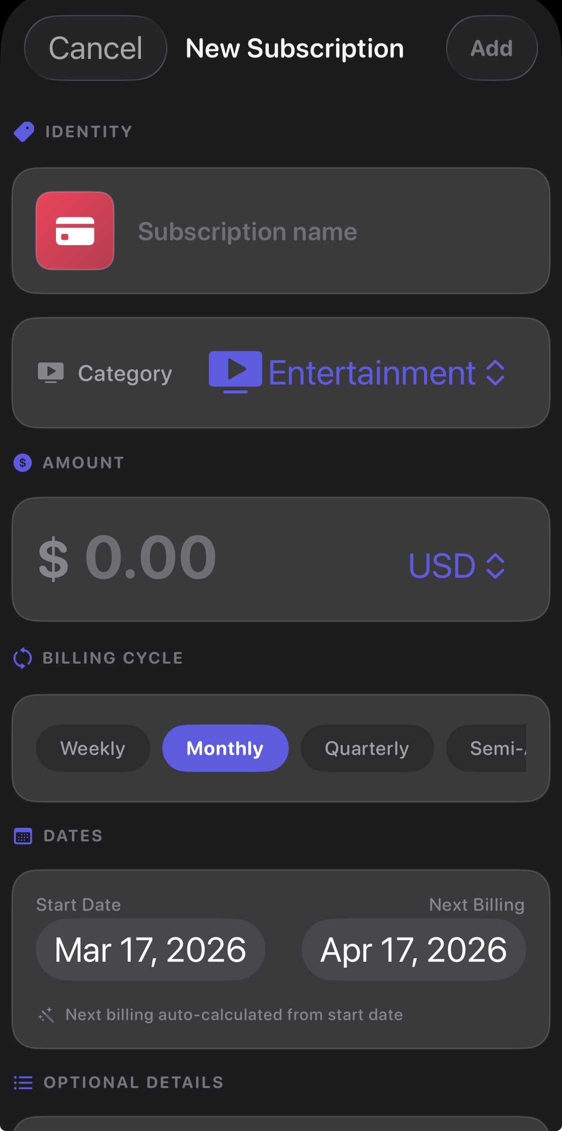 Add subscription screen